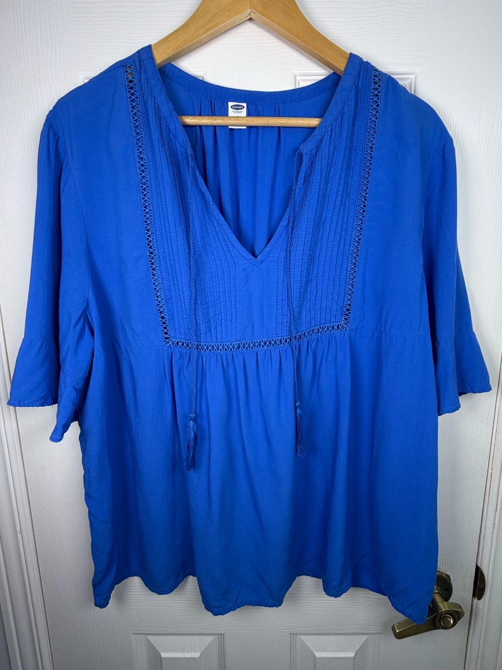 Old Navy Royal Blue V Neck Tassel Tunic Womens XL Boho Peasant Crochet Like Trim